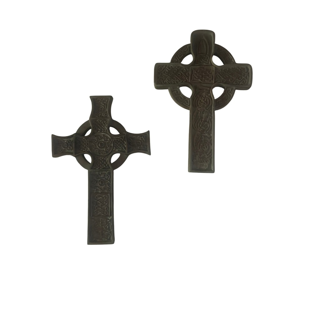 Celtic Wall Cross Set of 2 Bronze Tone Irish Knotwork Religious Home Decor 10in